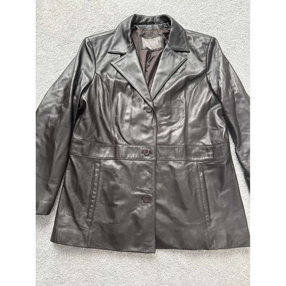 Wilsons Leather Womens Dark Brown 3 Button Leather Blazer Jacket Coat Larhe Soft